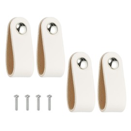 PATIKIL Leather Drawer Pulls, 4 Pcs Leather Handle Single Hole Cabinet Dresser Knobs with Screws for Bathroom Kitchen Dresser Cupboard Door, White