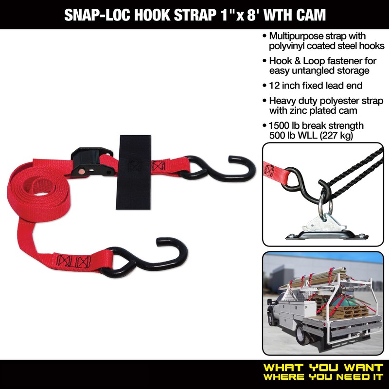 S-Hook Strap 1"x8' CAM (USA!) with Hook & Loop Storage