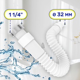 Flexible Waste Pipe Trap for Kitchen Sink Bathroom Sink and Bidet Size 1 1/4" x 32 mm Complete with Brass Nut and O-Ring - Warranty 10 Years - MONTERAL