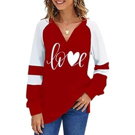 Women's Loose V-Neck Cute Love Long Sleeve Heart Shirts RLH XL