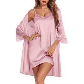 Ekouaer Sleepwear Women's Satin Nightgown with Robes Set 2 Piece Sexy Lace Cami Nightwear Pink L