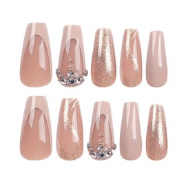 French Tip Press on Nails Medium Fake Nails with Golden Glitter & Rhinestones Designs Acrylic Nails Press ons Glossy Glue on Nails Ballerina Artificial Stick on Nails for Women 24Pcs
