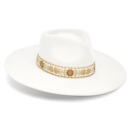 FLUFFY SENSE. Big Wide Brim Felt Rancher Fedora Hat for Women and Men - Boho Western Hat with 4 inches Flat Brim (US, Alpha, Medium, Pure White)