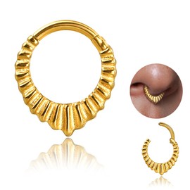 Twolobes Septum Rings Hoop, 16G/8mm Surgical Stainless Steel Segment Nose Rings, Cartilage Clicker Hoop Earrings for Rook, Daith, Tragus, Shell pattern Gold Silver Rose