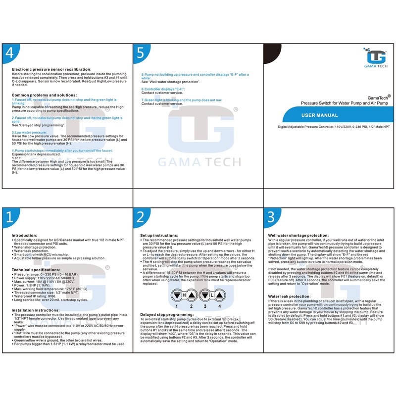 GamaTech 110V/220V 10A/5A Pressure Switch for Water Pump and Air