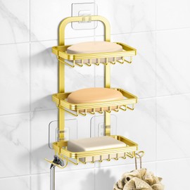 3 Tier Soap Bar Holder for Shower, Aluminum Wall Mounted Rustproof Soap Holder with 4 Hooks and Razor Holder, Shower Rack Soap Tray Bar Soap for Bathroom Accessories Organizer Gold