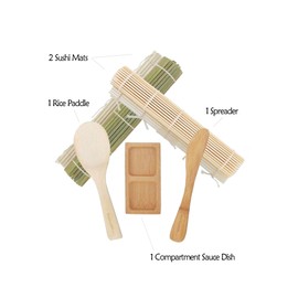 BambooMN Sushi Making Kit 1x Green 1x Natural Bamboo Rolling Mats, 1x Rice Paddle, 1x Spreader + 1x Compartment Sauce Dish