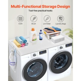 VEVOR Washer Dryer Countertop, 54" x 27" Wooden Washer and Dryer Countertop with 2 Hooks, Laundry Machine Covers for The Top with Anti-Slip Pads, for Laundry Room Organization and Storage, White