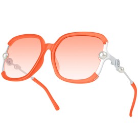 MIZZEO Square Sunglasses for Women Men, Oversized Polarized Aviator Sunglasses, Classic Trend Ladies Sunglasses Sparkling Large Pearl Frame (Orange Gradient Lens)