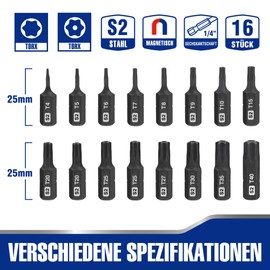 WORKPRO 16-Piece Screwdriver Bit Set, Torx Bit Set Made of S2 Steel (25 mm), Magnetic Torx Bits with Bit Holder, Universal 1/4 Inch Hex Shanks, Precision Machined, Includes Storage Box