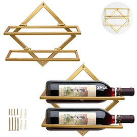 Metal Wall Mounted Wine Holder, Upgrade Foldable Hanging Wall Wine Rack Organizer for 2 Liquor Bottles, Red Wine Bottle Display Hanger with Screws for Home Kitchen Bar Wall Décor