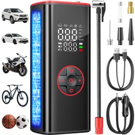 Sockspree Tire Inflator Portable Air Compressor 5 in 1 Cordless Smart Pump with Tire Pressure Gauge 150PSI and LED Lights for Cars Bikes Motorcycle Balls Custom Mode Inflatables Red Black