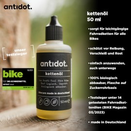 antidot. Chain Oil, Dropper Bottle 50 ml, Test Winner, Biodegradable, Reduces Friction, Protects Against Wear, for All Bicycles and E-Bikes, bikecare - Made in Germany