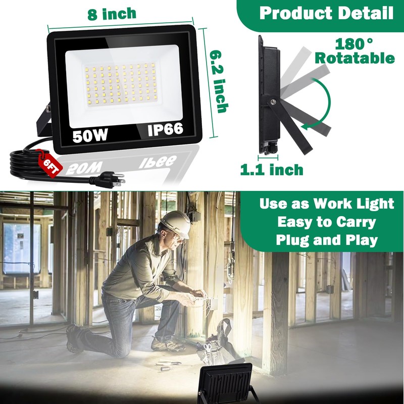 NEWREACH 50W 2 Pack LED Flood Light Outdoor, IP66 Waterproof