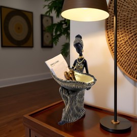 Dwelloria African Woman Statue with Large Decorative Bowl – Resin Figurine, Black and Gold Cultural Sculpture, African Home Decor Centerpiece, Jewelry Trinket Candy Dish