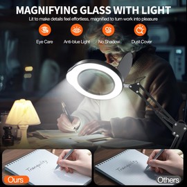 KimFilter 10X Magnifying Glass with Light and Stand | Dust Cover Design, 5 Color Temp Modes Dimmable LED Magnifying Lamp with Swing Arm | Hands Free Desk Magnifying Light for Crafts, Read & Close Work