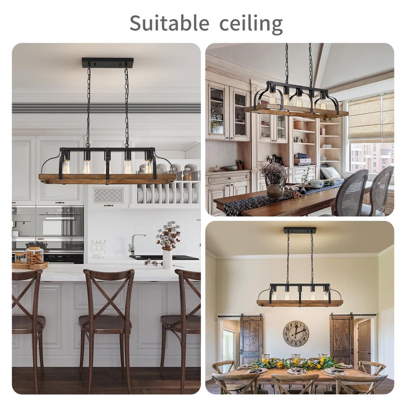 WUZUPS 5-Light Metal Chandelier Imitation Wood Grain Linear Pendant Ceiling
