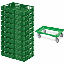 10 Euro Containers, L x W x H 600 x 400 x 90 mm, Industrial Quality, Food-Safe + 1 Transport Roller, Green