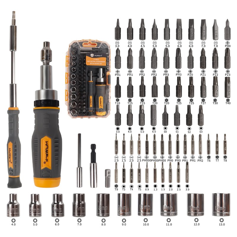 MULWARK Screwdriver Bits & Socket Set 77 Pieces, Ratchet Screwdriver