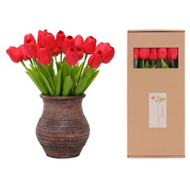 Red Artificial Flowers - 20 Tulips Realistic Touch Spring Summer Fake Flowers, Fake Tulips, for Home Decor, Outdoor Garden Parties and Wedding Decorations, Mother's Day, Valentine's Day, Easter gifts