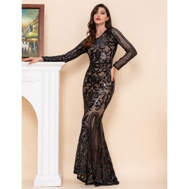 DQHKOW Women's Long Sleeve Sequins Mermaid Gown Long Formal Prom Party Dress (X-Large, Black)