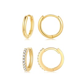 CERSLIMO Gold Earrings for Women - 2 Pairs of Huggie Hinged Hoop Earrings | Gold Helix Cartilage Tragus Sleeper Earring Jewellery Gifts Birthday Christmas Gifts for Girls (Diameter: 10mm)