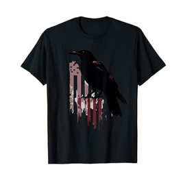 Black Crow Silhouette Distressed USA Flag Dystopian Artwork T-Shirt