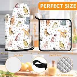 Cute Cats Oven Mitts and Pot Holders Sets 4Pcs,Extra Long Oven Gloves Potholder for Kitchen Cooking Baking BBQ 100% Cotton Heat Resistant