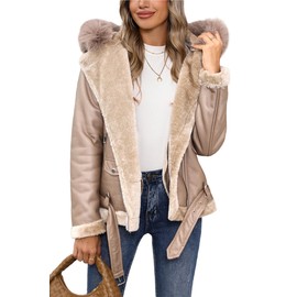 Bellivera Women's Faux Suede Leather Motorcycle Black Hooded Jacket Thick Shearling Lined Winter Biker Coatr 23215 Khaki XL