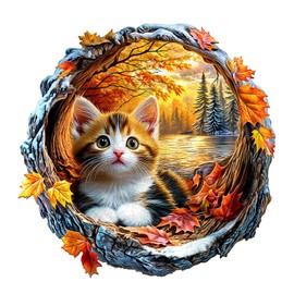 Wooden Puzzle Adult Kitten in Autumn - 280 Pieces Round Puzzle Gift Box Wall Decoration (Adult/Children)