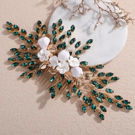 Rumtock 3D Flower Hair Comb with Green Rhinestones Gold Leaves Women Banquet Prom Wedding Hair Accessories (Green and Gold)