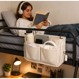 Bedside Storage Caddy for Bunk Beds & Baby Cribs – Hanging Bedside Organizer with Hooks for Books, Tablets, Phones & Dorm Essentials