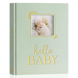 Lanpn Hello Baby Memory Book, Linen Baby Book Memories with DIY Window, Newborn First 5 Year Keepsake Journal Scrapbook Photo Book Baby Milestone Album for Boy Girl New Parents (Green, 154 Pages)