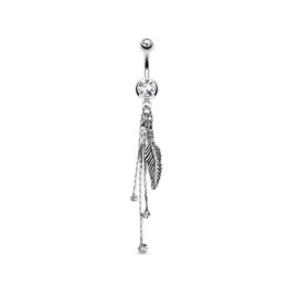 Pierced Owl Feather and Chains CZ Crystal Dangling Belly Button Ring in 316L Stainless Steel (Clear)