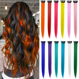 12 Pcs 22-Inch Colored Clip-In Hair Extensions - Vibrant Synthetic Hair Accessories for Kids and Women | Easy to Apply & Perfect for Fun Hairstyles