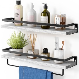 AMADA HOMEFURNISHING Wall Shelves, Floating Shelves for Bathroom, Kitchen, Bedroom, Bathroom Shelf with Towel Bar, Set of 2, White - AMFS01W
