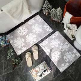 Dunzy 2 Pcs Winter Snowflake Bath Mat Winter Non Slip Soft Microfiber Bathroom Rugs New Year Area Rug for Tub Shower Room Floor, 20 x 32 Inches, 17 x 24 Inches