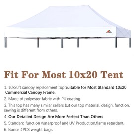 SCOCANOPY Commercial 10x20 Canopy Replacement Canopy Top,Canopy Cover ONLY,Bonus 4 Pack Weight Bag (White)