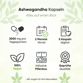 Ashwagandha 365 Capsules | 3000 mg Daily Serving | Includes Pill Box | Indian Sleep Berry | High Dose | Vegan | Pure Vegetable without Additives