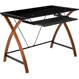 Flash Furniture Jude Black Glass Computer Desk with Pull-Out Keyboard Tray and Crisscross Frame
