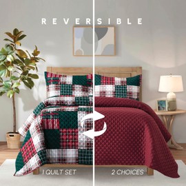 Elegant Comfort 3-Piece Quilted Reversible Plaid Patchwork Bedspread Coverlet Set with Pillow Shams, Premium Stitching All Season Heavy Weight-Ultra Soft Luxury Quilt - Twin XL, Burgundy