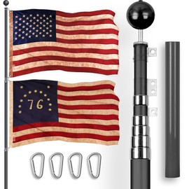 G128 Combo Pack: 25 Ft Telescoping Aluminum Flagpole (Black) & American and Bennington Tea Stained Flags 3x5 Ft, Both ToughWeave Series Embroidered Polyester | Pole with Flags Included