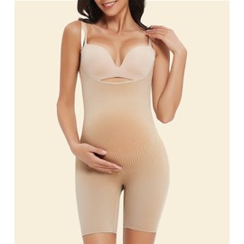 Women's Maternity Bodysuit Pregnancy Shapewear Shorts Bump Support Bustless Adjustable Straps Romper Jumpsuit Black+Nude Size S