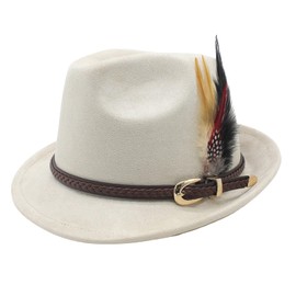 howkuhat Premium Fedora Hat for Men Women Classic Winter Felt Jazz Hat Short Brim Adjustable with Belt Feather (UK, Alpha, One Size, Beige)
