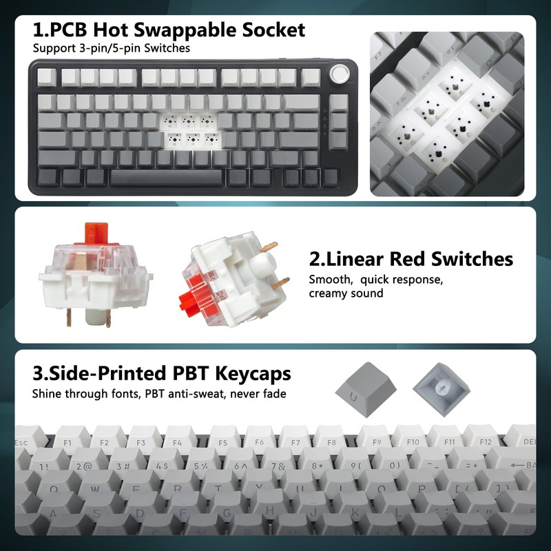 HUO JI Wireless Mechanical Gaming Keyboard, Hot Swappable Pre-lubed Red