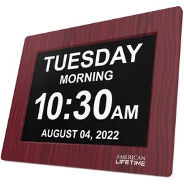 American Lifetime, Upgraded Version, Day Clock Extra Large Impaired Vision Digital Clock with Battery Backup and 5 Alarm Options, Premium Mahogany Color, 8 inch