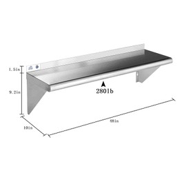 ROCKPOINT ROCKPOINT Stainless Steel Shelf 10 x 48 Inches 280lb, 2 Pack NSF Metal Commercial Shelves Wall Mount Floating Shelving with Backsplash for Restaurant, Kitchen, Home and Hotel, Silver