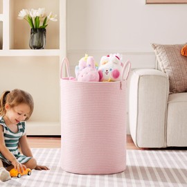 MOJOSCEND 80L Extra Large Pink Hamper Laundry Basket for Baby Girls Tall Nursery Hamper for Kids Woven Rope Clothes Basket for Little Girls Room Bedroom Light Pink Kawaii 16"D x 22"H