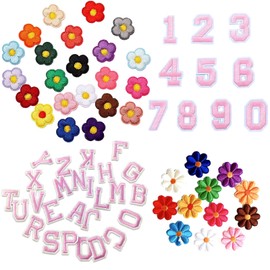 70 Pcs Iron On Patches for Clothing: Embroidered Numbers 0-9, 24 Pieces Iron on Letters, 22 Daisy Flower Applique Patches, 10 Sunflower Embroidered Sew On Patches for Dress, Hat, Socks, Jeans (Pink)