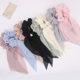 Elegant Scarf Hair Ties for Women Girls, 8 Pcs Double Layer Bow Scrunchies for Hair Cute Bunny Ear Bow Scrunchies with Assorted Colours (8 Pcs Double Layer Scrunchies-A)